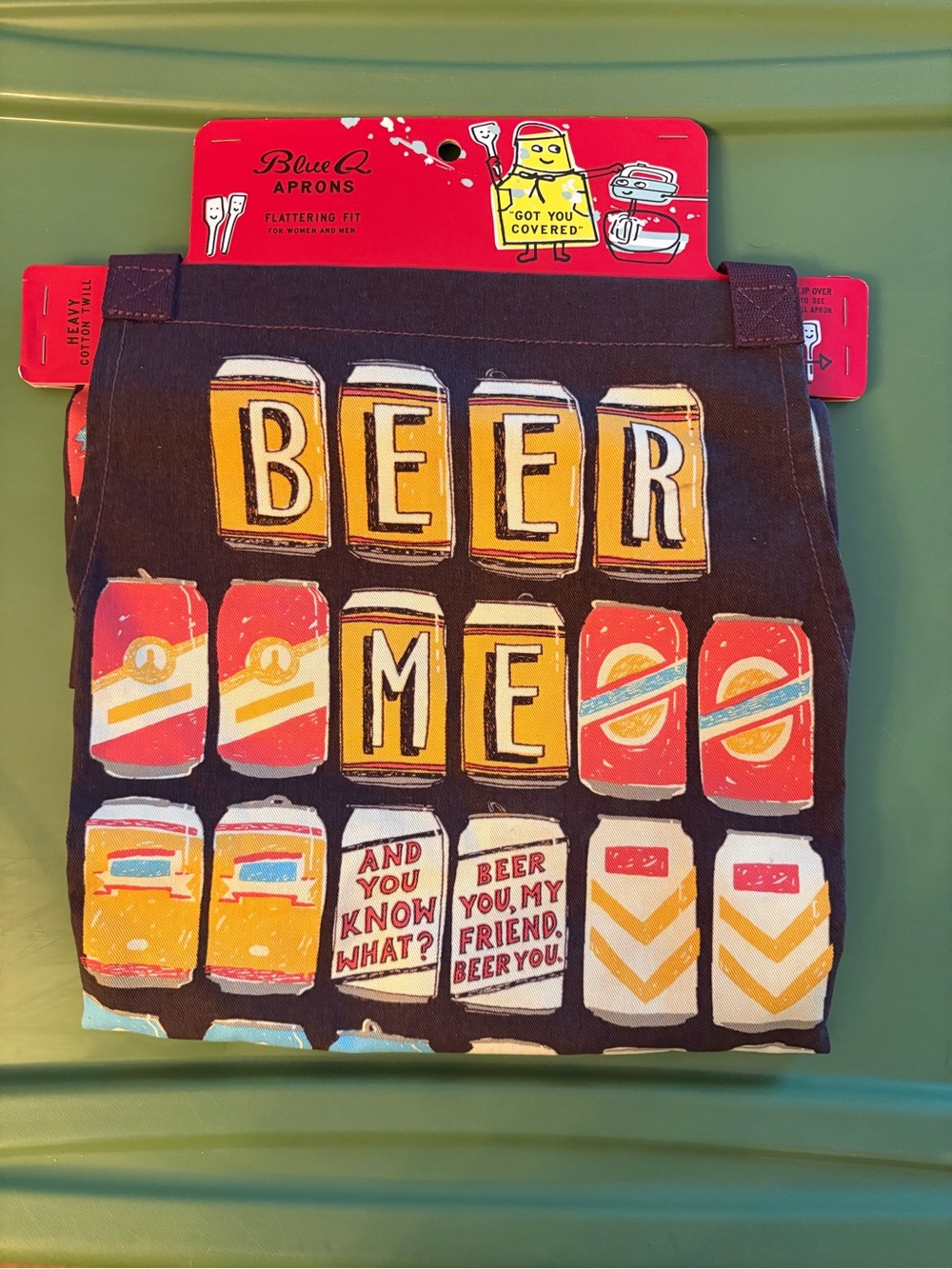 New Blue Q "Beer Me" novelty apron features a fun, colorful graphic